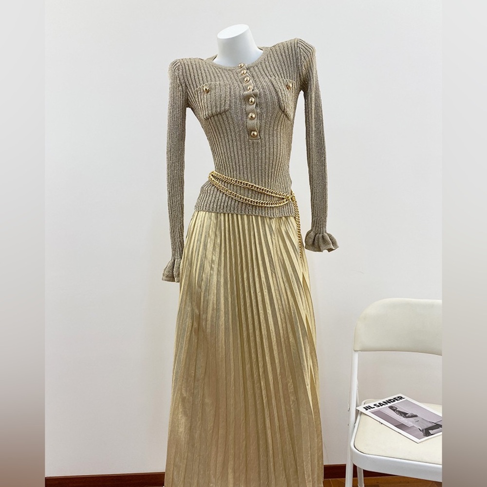 Self-Portrait Slim Fit Knit Maxi Dress with Waist Chain